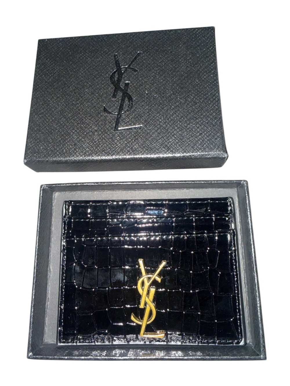 Black Croc Embossed Card Holder Slim Wallet Credit Card Case Gold Hardware